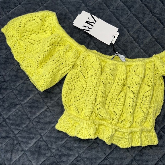 Zara Crop Top Women Small Off The Shoulder Open Knit Yellow Festival Coachella - Picture 3 of 8